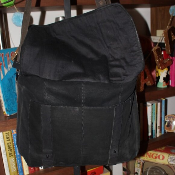 AllSaints Thorpe Messenger Bag Black Suede & Leather XL Orig $499 Excellent - Picture 3 of 13